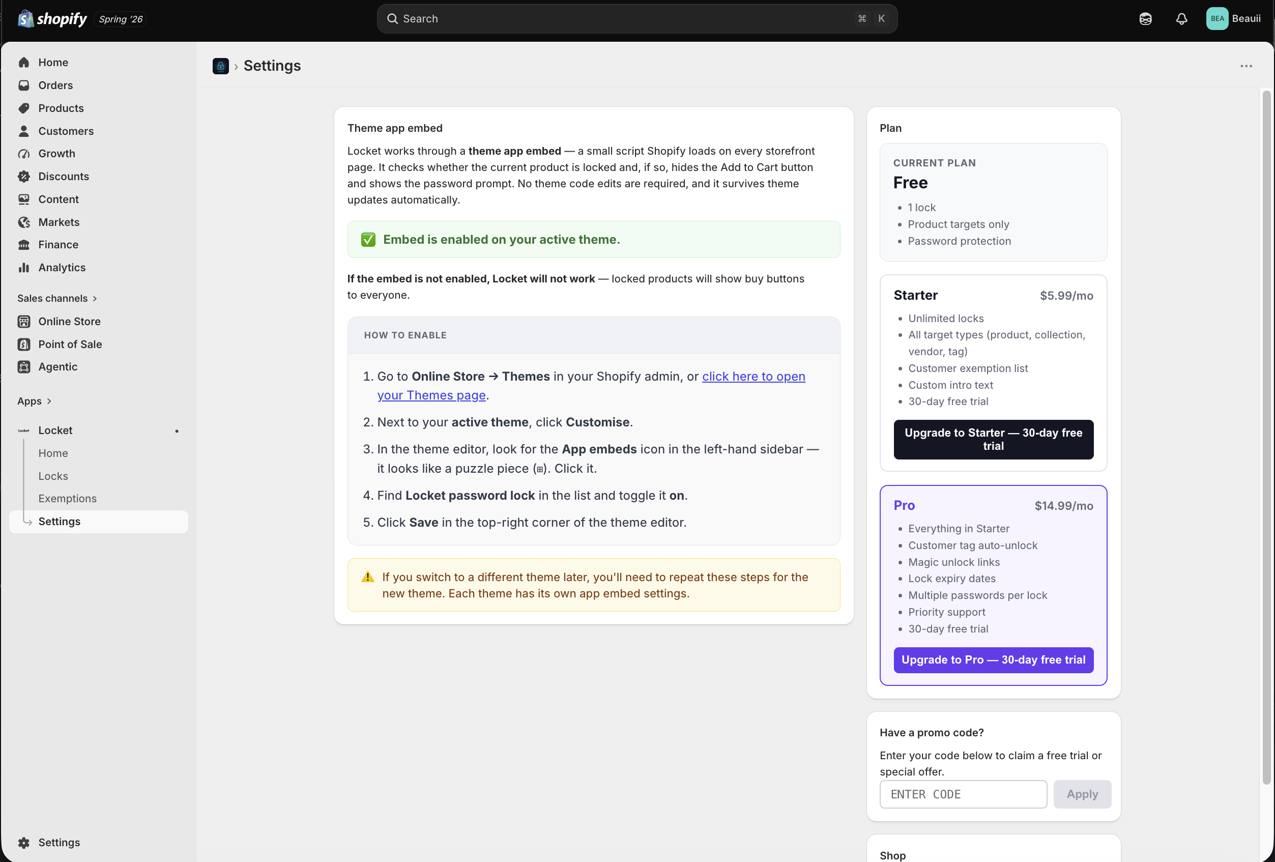 Enter promo code in Locket Settings