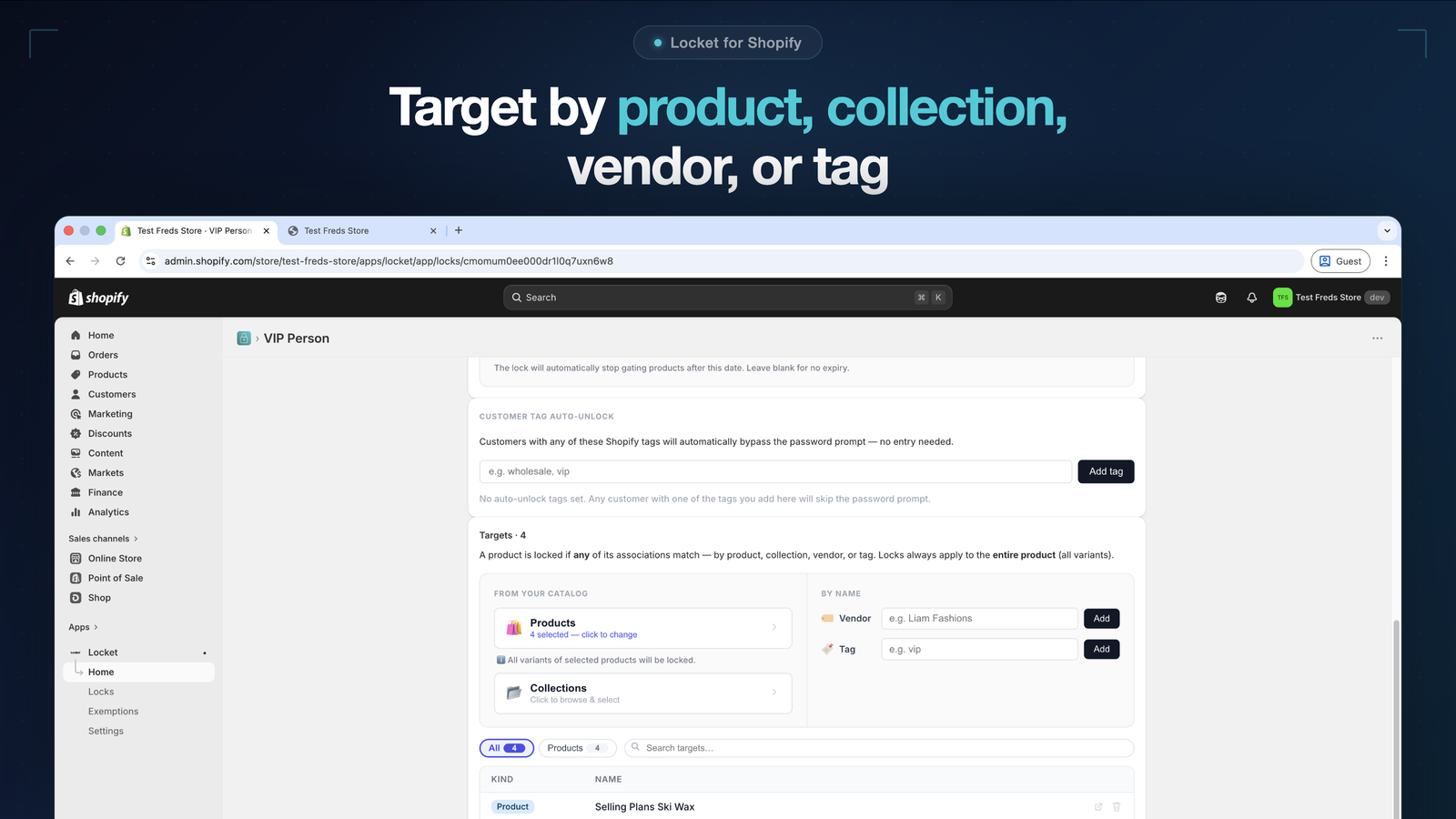 Lock targeting — product, collection, vendor, tag